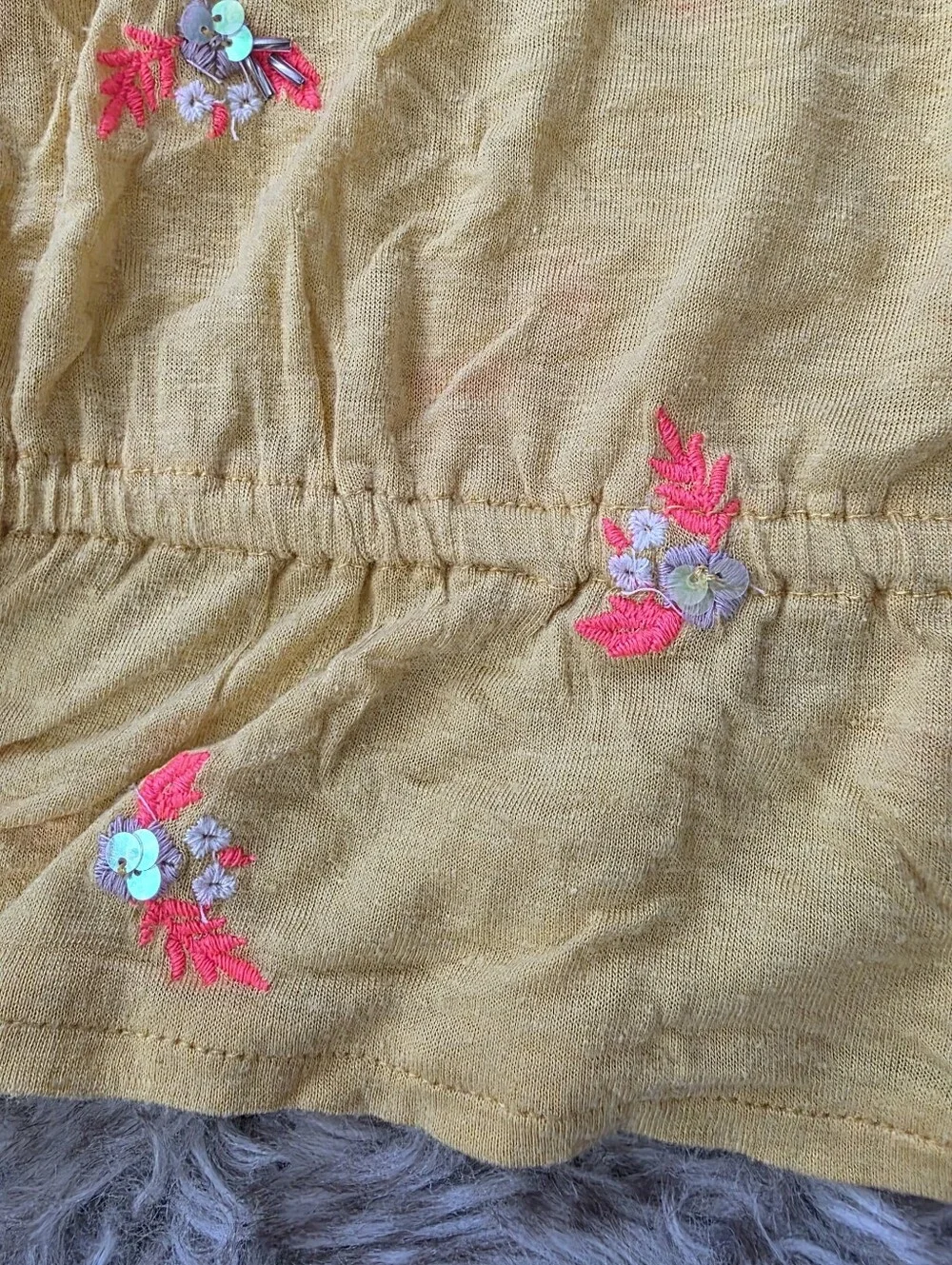Free People Full Bloom Embroided Yellow Floral Ruffle V-Neck Top Women's Large